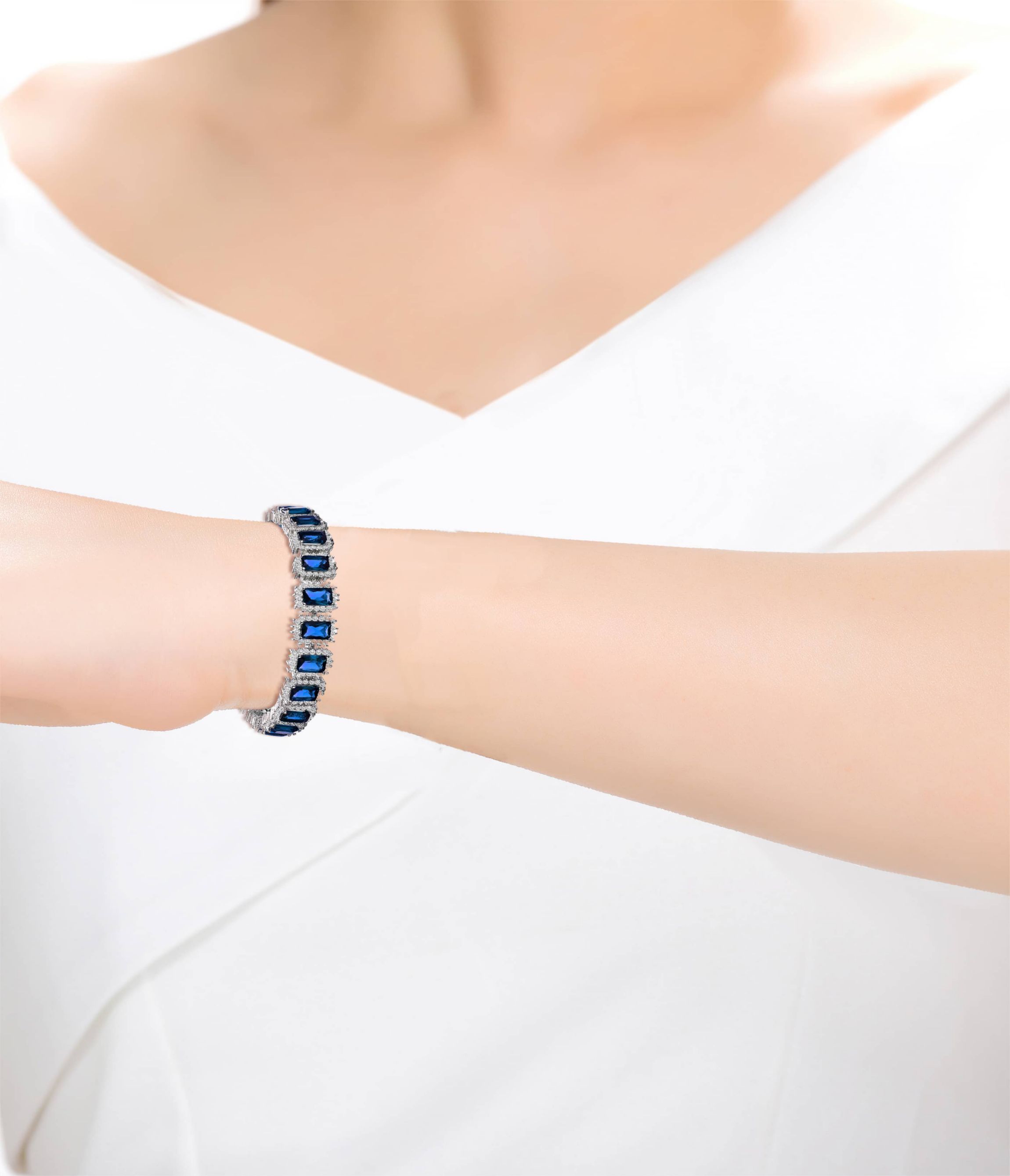 Lab Created White Gold Plated with Blue Cubic Zirconia Rectangular Halo Cluster Link Vintage Tennis Bracelet
