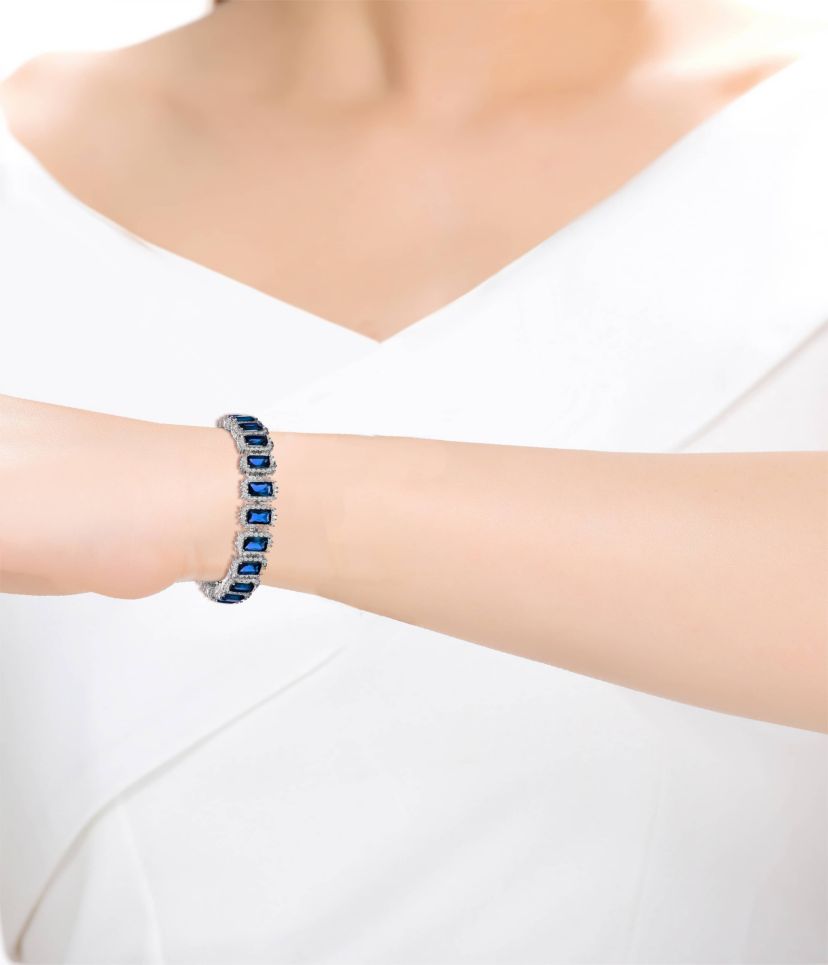 Lab Created White Gold Plated with Blue Cubic Zirconia Rectangular Halo Cluster Link Vintage Tennis Bracelet
