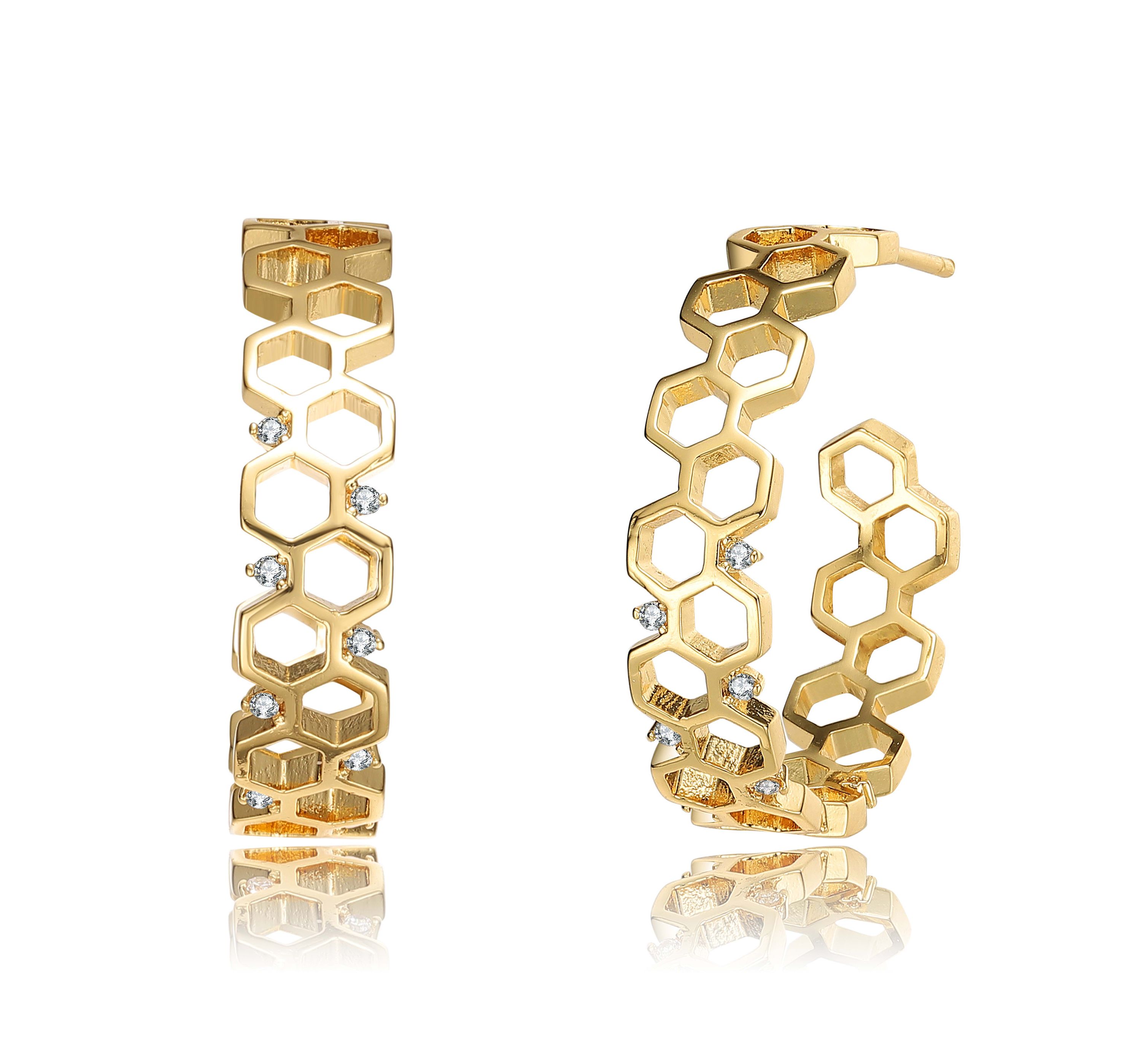 Lab Created 14K Gold Plated Clear Round Cubic Zirconia Open Hoop Earrings