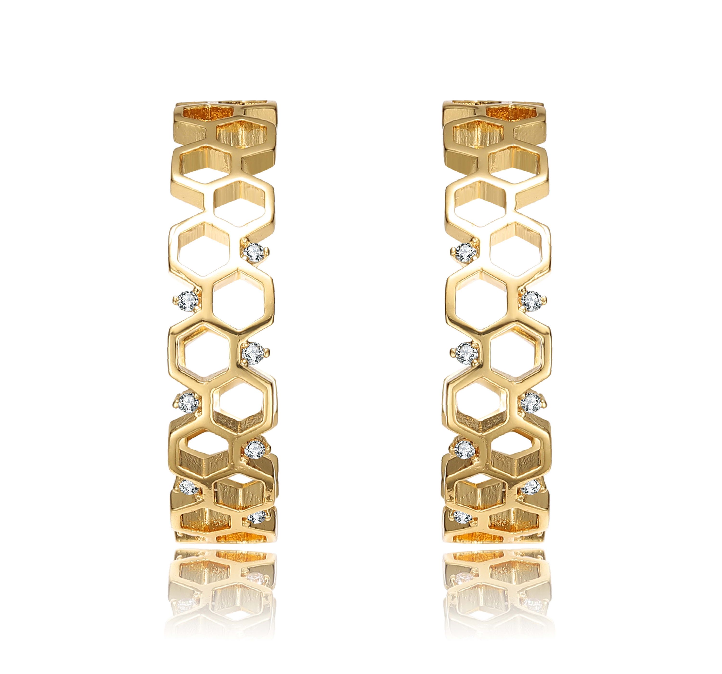 Lab Created 14K Gold Plated Clear Round Cubic Zirconia Open Hoop Earrings