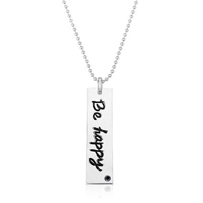 Rozzato Lab Created Sterling Silver White Gold Plated with Cubic Zirconia "Be Happy" Engraved Pendant Necklace