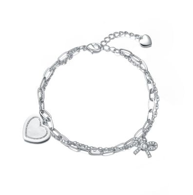 Rozzato Lab Created Sterling Silver Rhodium Plated with Heart Paper Clip Chains Bracelet