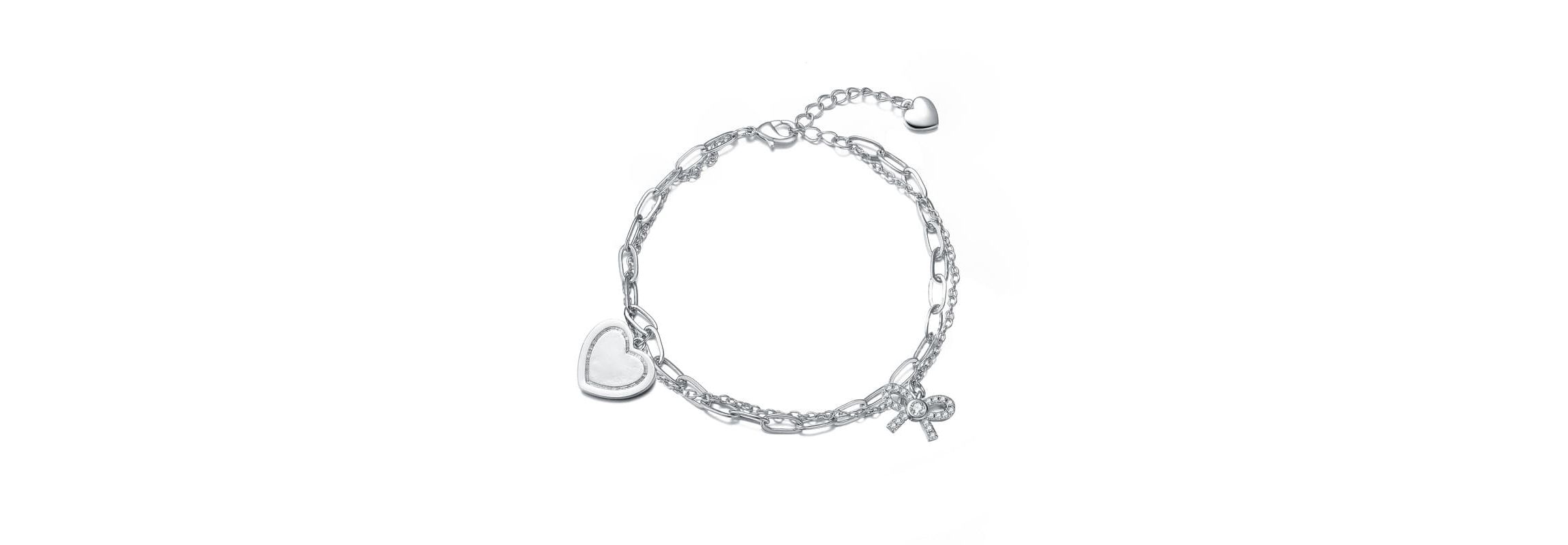 Lab Created Sterling Silver Rhodium Plated with Heart Paper Clip Chains Bracelet