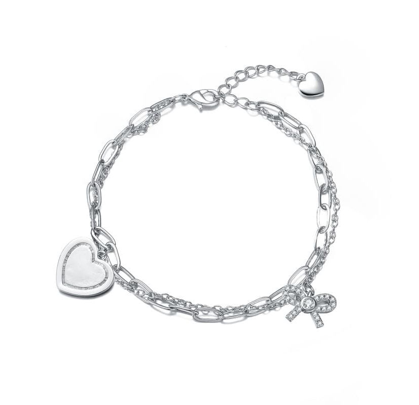 Lab Created Sterling Silver Rhodium Plated with Heart Paper Clip Chains Bracelet