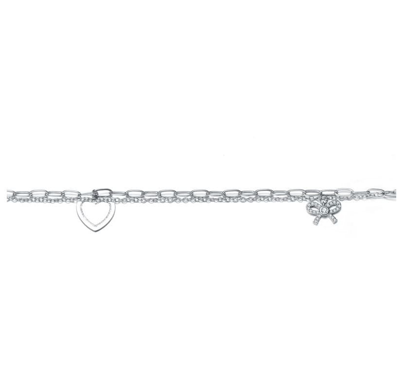 Lab Created Sterling Silver Rhodium Plated with Heart Paper Clip Chains Bracelet