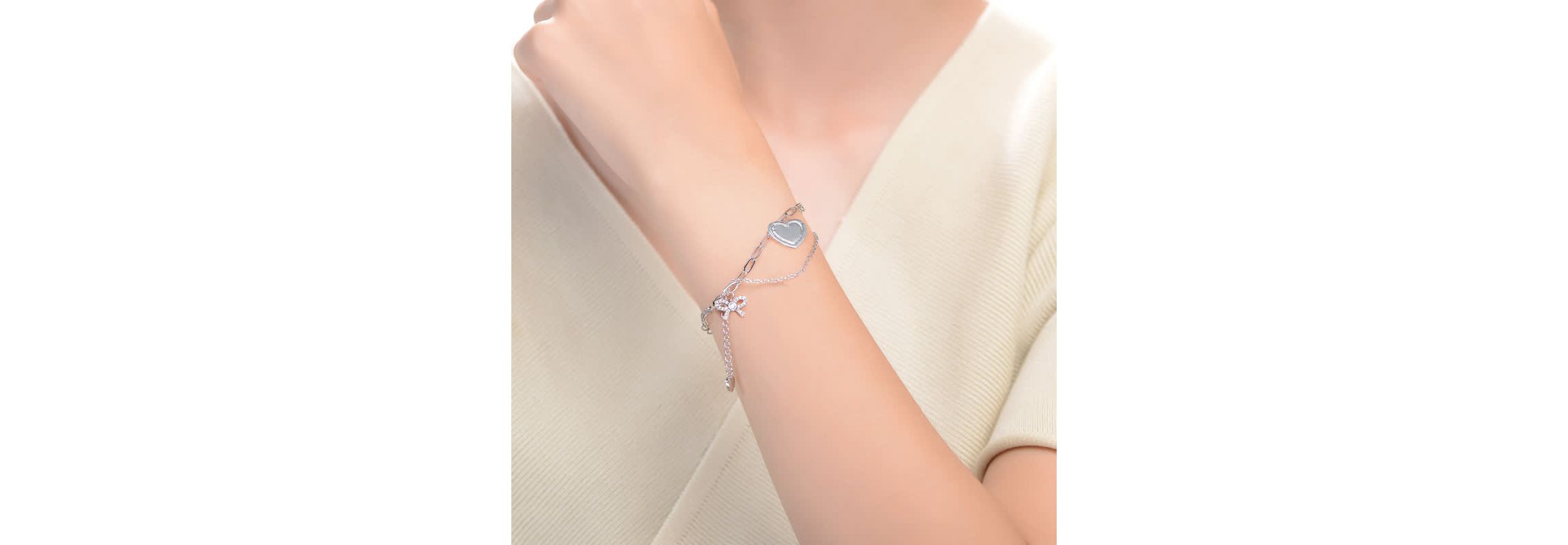 Lab Created Sterling Silver Rhodium Plated with Heart Paper Clip Chains Bracelet