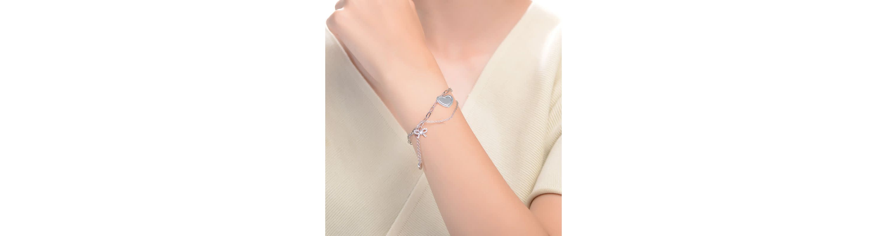 Lab Created Sterling Silver Rhodium Plated with Heart Paper Clip Chains Bracelet