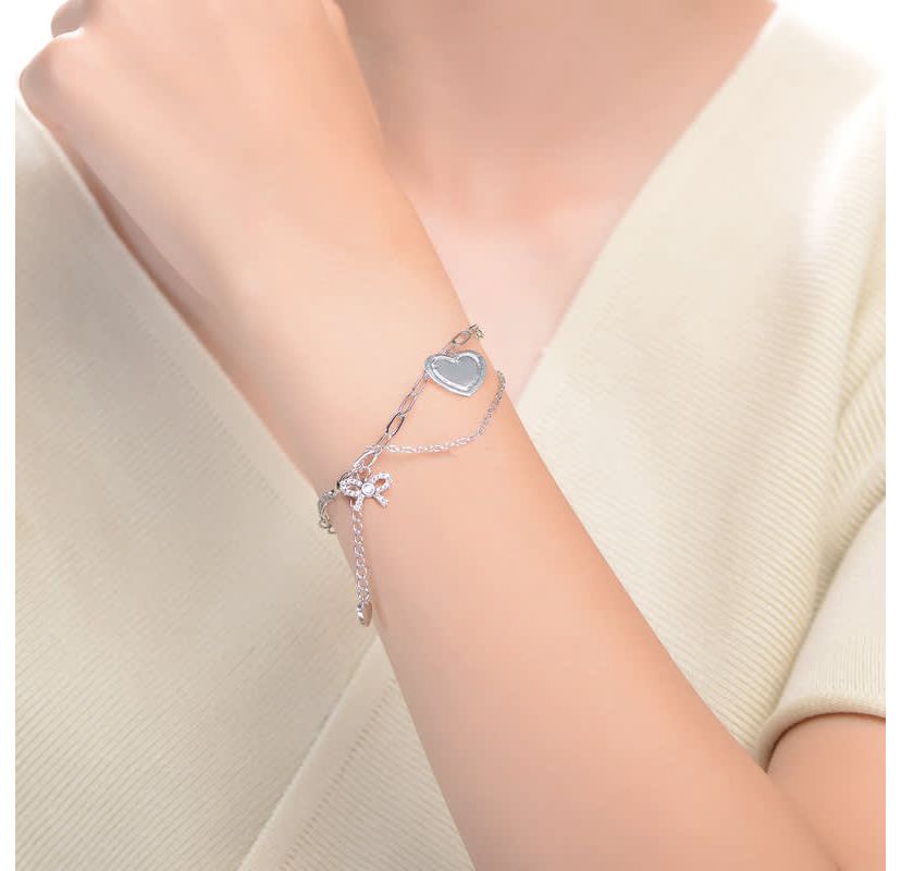 Lab Created Sterling Silver Rhodium Plated with Heart Paper Clip Chains Bracelet