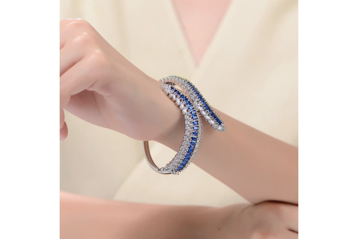 Lab Created Sterling Silver Rhodium Plated with Sapphire Cubic Zirconia Bangle Bracelet