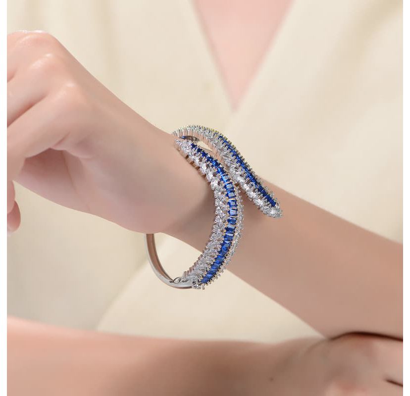 Lab Created Sterling Silver Rhodium Plated with Sapphire Cubic Zirconia Bangle Bracelet