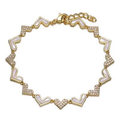 Rozzato Lab Created Sterling Silver 14K Gold Plated Heart Cubic Zirconia and Mother of Pearl Link Bracelet