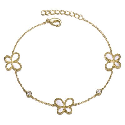 Rozzato Lab Created Sterling Silver 14k Gold Plated with Mother of Pearl Dainty Link Butterfly Bracelet