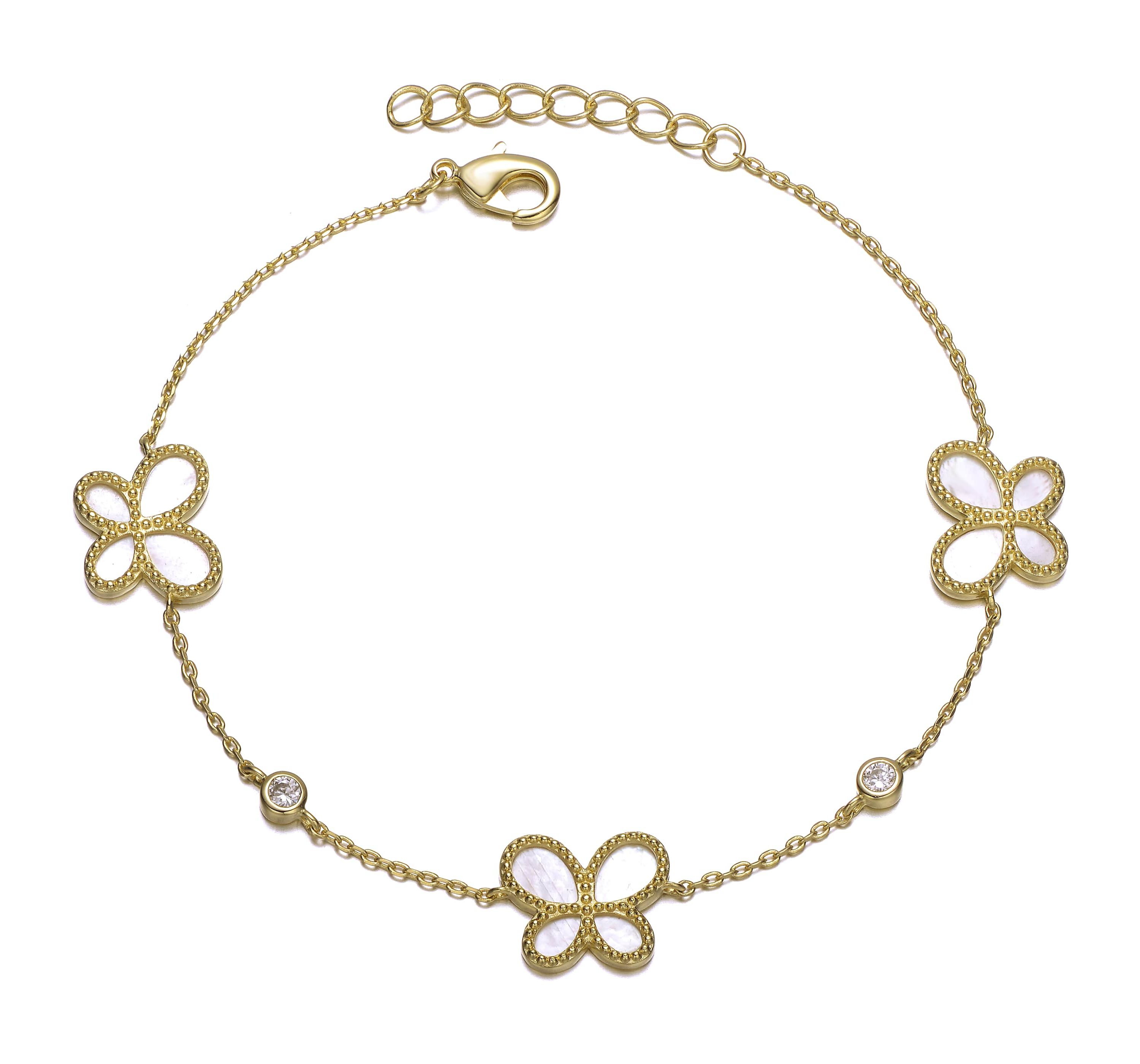 Lab Created Sterling Silver 14k Gold Plated with Mother of Pearl Dainty Link Butterfly Bracelet