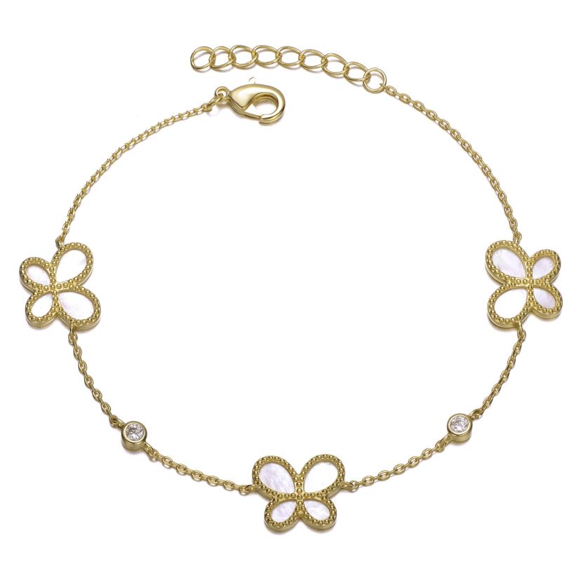 Lab Created Sterling Silver 14k Gold Plated with Mother of Pearl Dainty Link Butterfly Bracelet