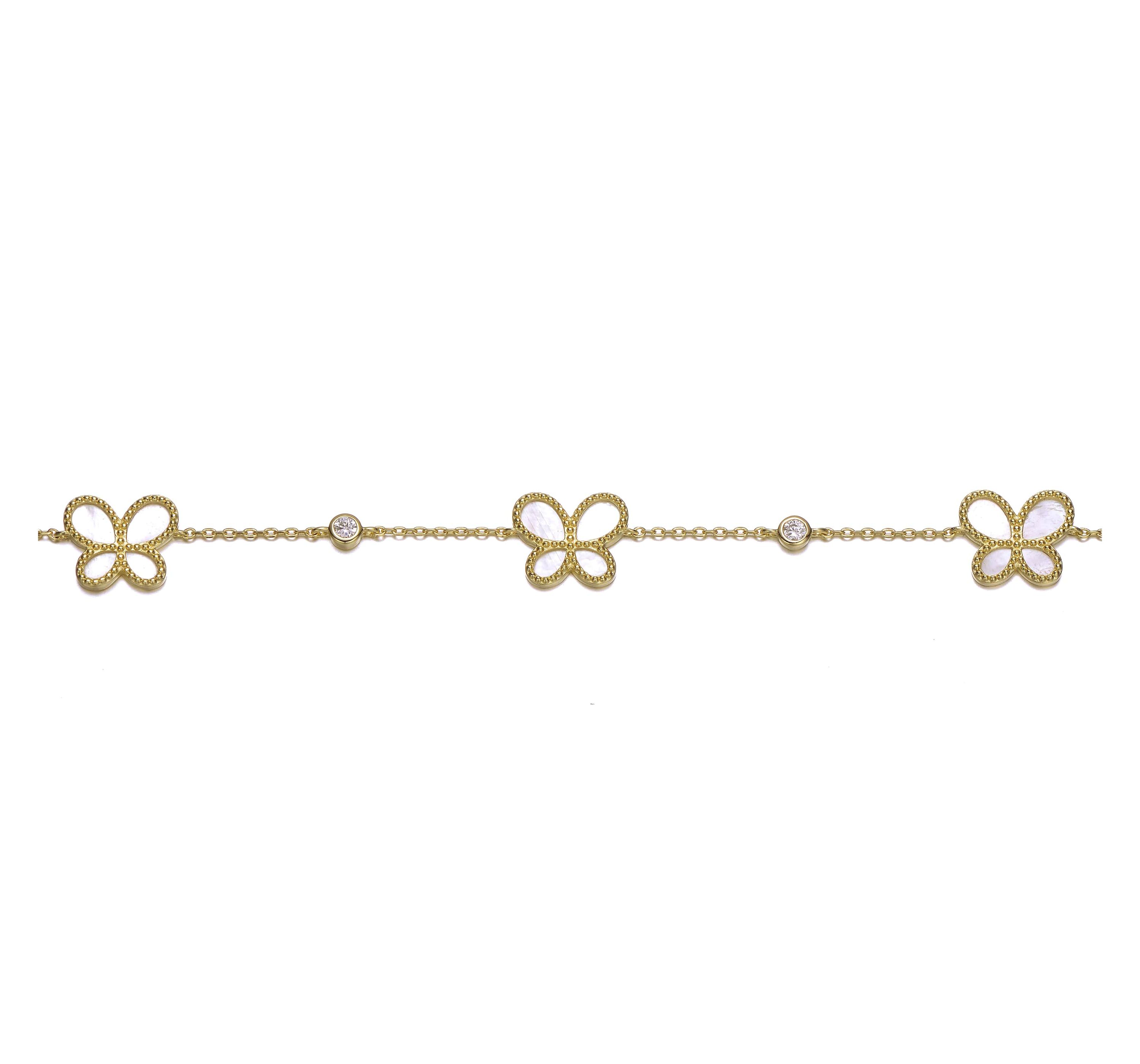 Lab Created Sterling Silver 14k Gold Plated with Mother of Pearl Dainty Link Butterfly Bracelet