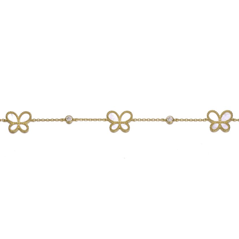 Lab Created Sterling Silver 14k Gold Plated with Mother of Pearl Dainty Link Butterfly Bracelet
