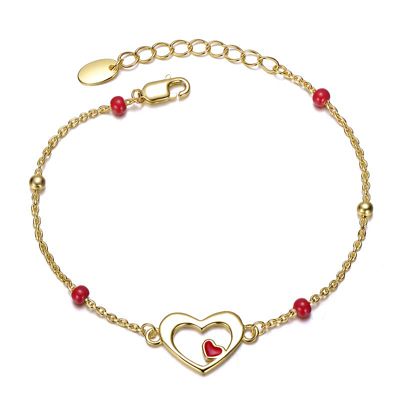 Rozzato Sterling Silver 14K Gold Plated with Alternating Red and Silver Pearls Link Chain Bracelet for Kids/Teens