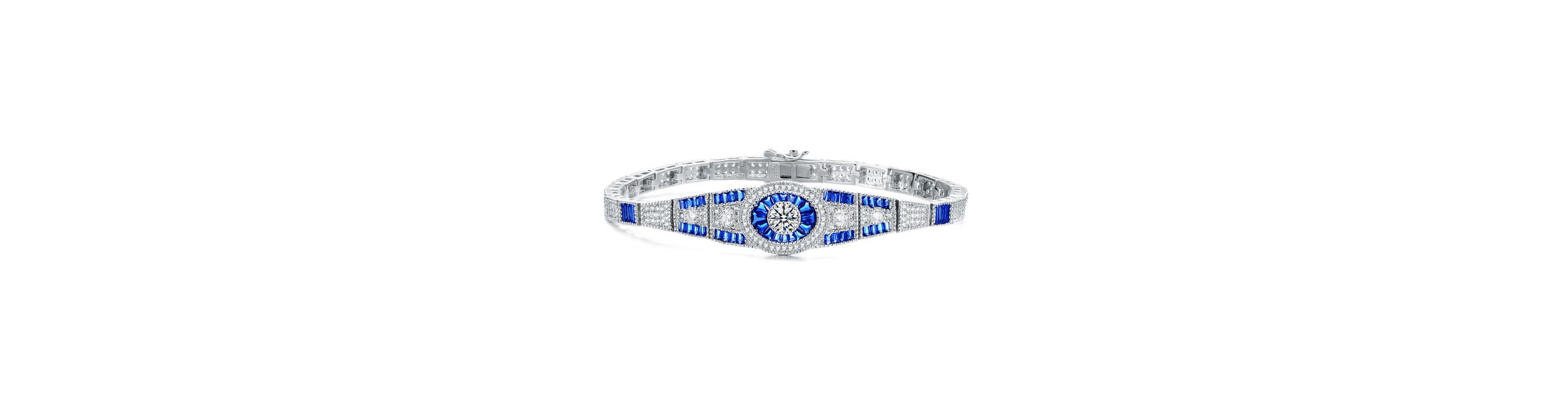 Lab Created Sterling Silver White Gold Plated with Sapphire Cubic Zirconias Bracelet