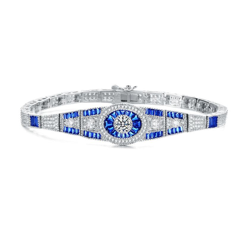 Lab Created Sterling Silver White Gold Plated with Sapphire Cubic Zirconias Bracelet