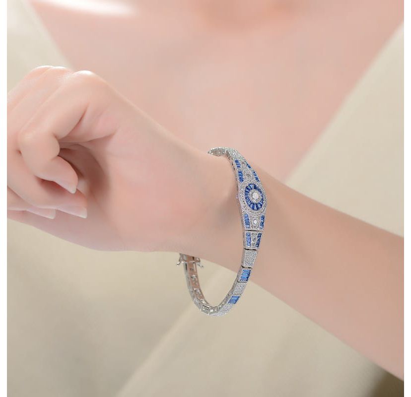 Lab Created Sterling Silver White Gold Plated with Sapphire Cubic Zirconias Bracelet