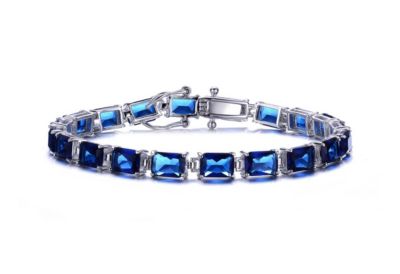 Rozzato Lab Created Sterling Silver White Gold Plated with Blue Cubic Zirconia Tennis Bracelet