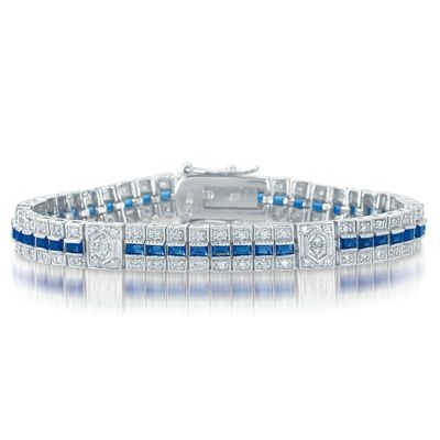 Rozzato Lab Created Sterling Silver White Gold Plated with Clear and Blue Cubic Zirconia Stripe Bracelet
