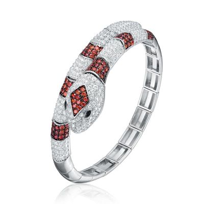 Rozzato Lab Created Sterling Silver White Gold Plated with Ruby Red Cubic Zirconia Serpent Bracelet