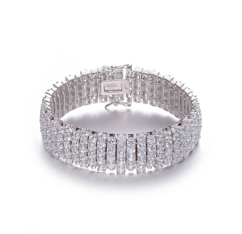 Lab Created Elegant Wide Bracelet in Sterling Silver White Gold Plating with Cubic Zirconia
