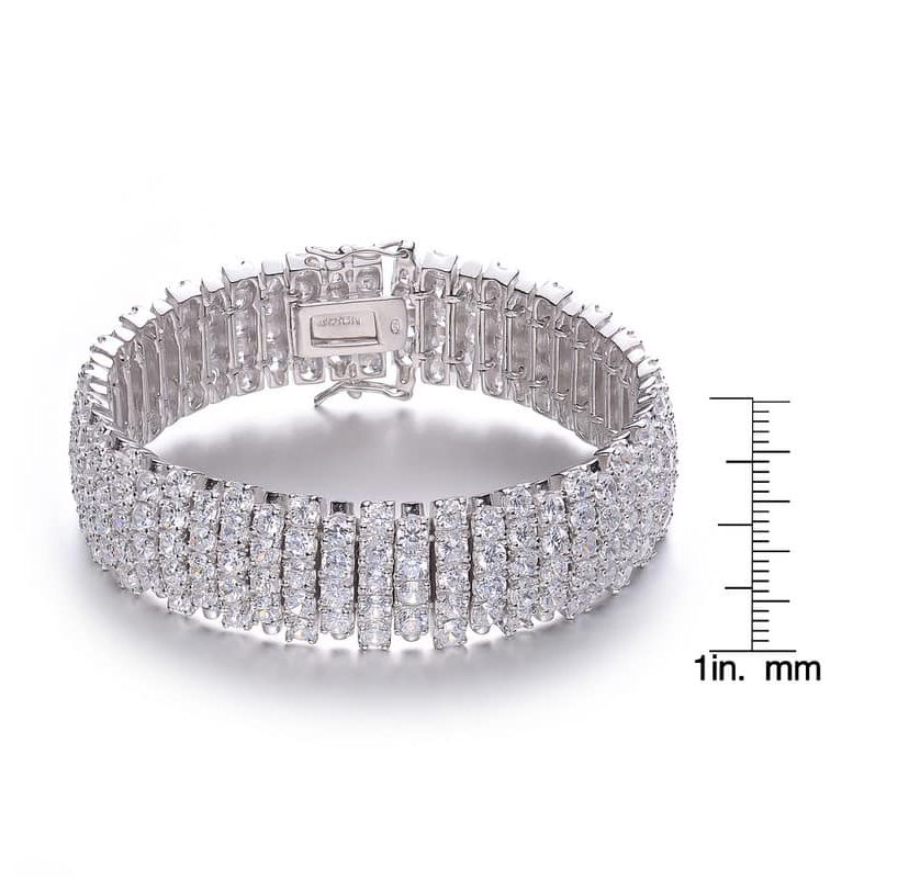 Lab Created Elegant Wide Bracelet in Sterling Silver White Gold Plating with Cubic Zirconia