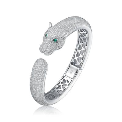 Rozzato Lab Created Sterling Silver with Emerald Green Cubic Zirconia Hinged Open Cuff Bangle Bracelet