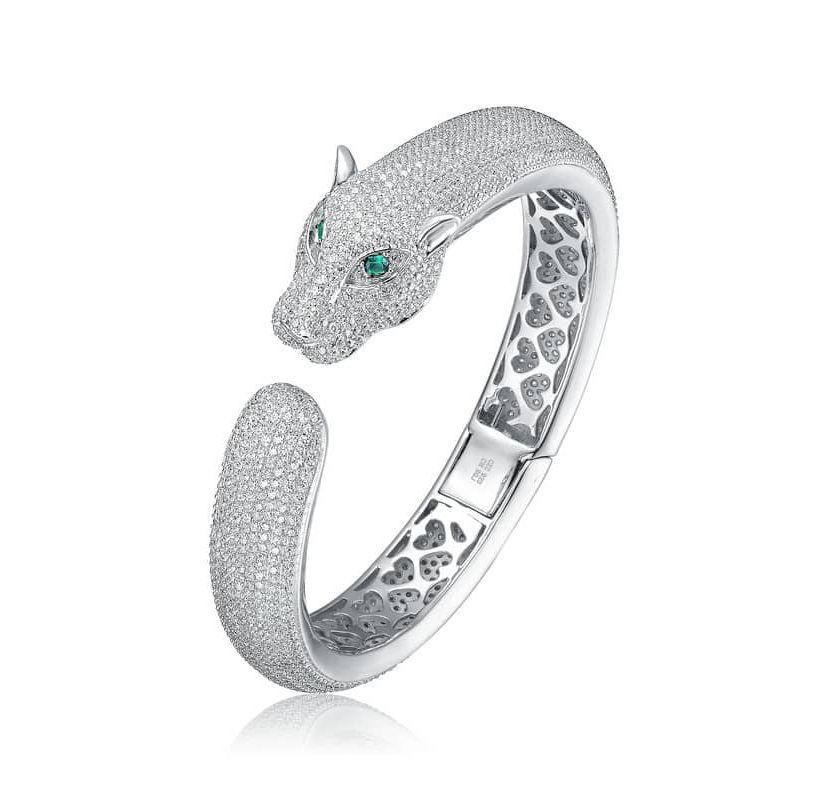 Lab Created Sterling Silver with Emerald Green Cubic Zirconia Hinged Open Cuff Bangle Bracelet
