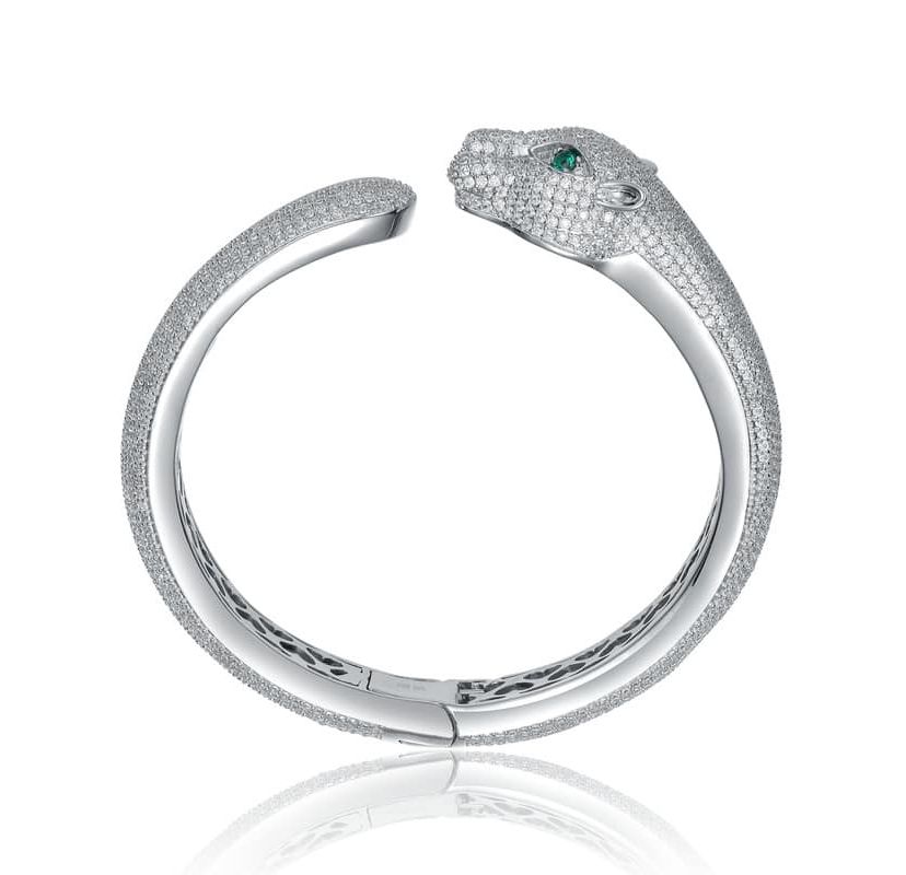 Lab Created Sterling Silver with Emerald Green Cubic Zirconia Hinged Open Cuff Bangle Bracelet