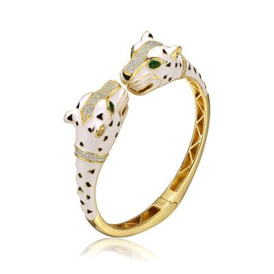 Rozzato Lab Created Sterling Silver 14K Gold Plated and Black Cubic Zirconia Panther Swivel Bangle Bracelet