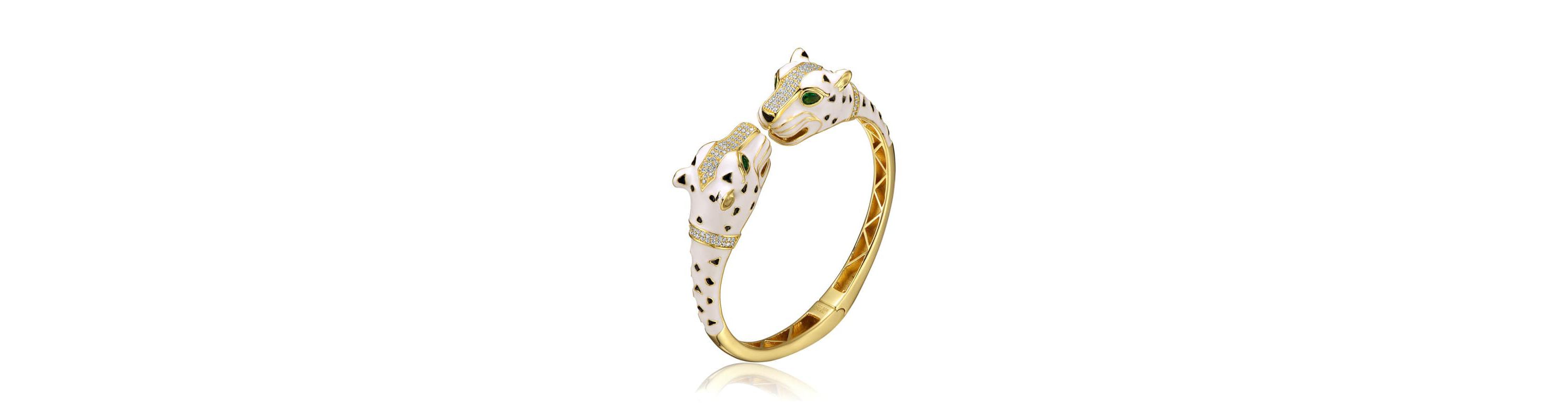 Lab Created Sterling Silver 14K Gold Plated and Black Cubic Zirconia Panther Swivel Bangle Bracelet