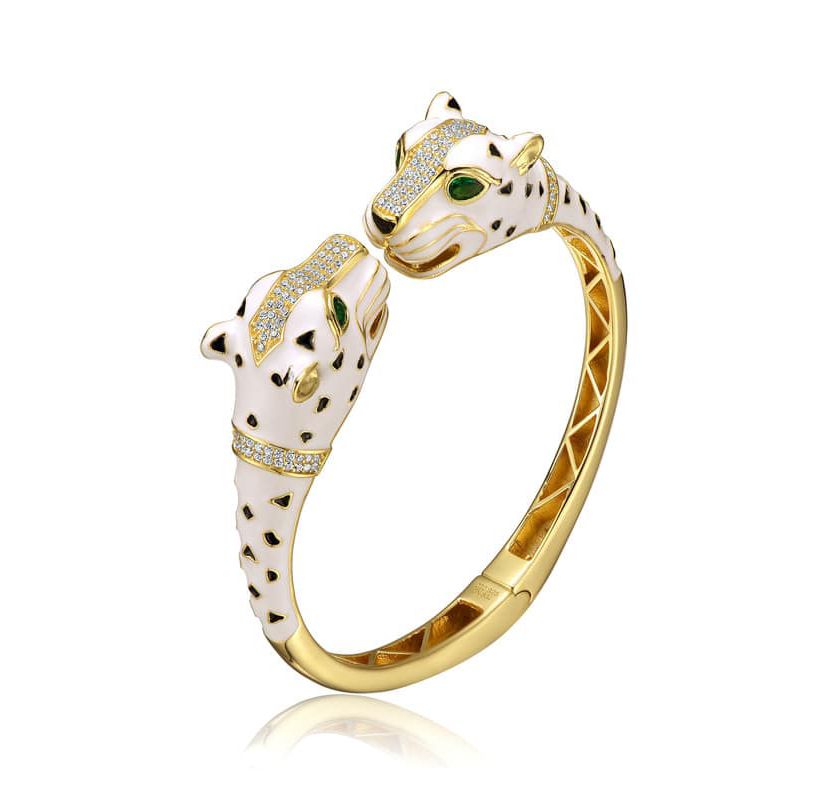 Lab Created Sterling Silver 14K Gold Plated and Black Cubic Zirconia Panther Swivel Bangle Bracelet