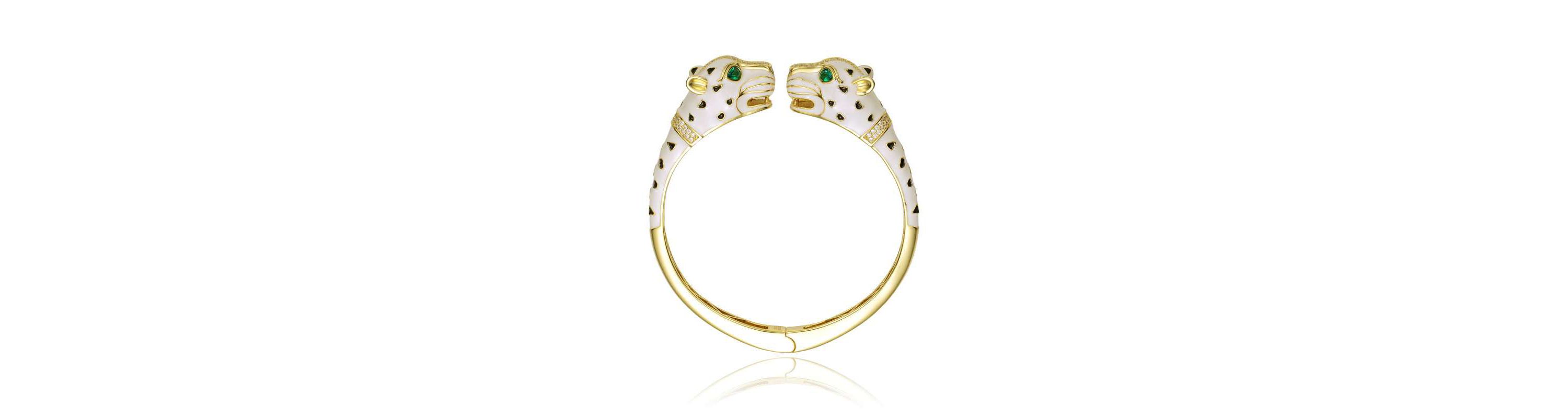 Lab Created Sterling Silver 14K Gold Plated and Black Cubic Zirconia Panther Swivel Bangle Bracelet