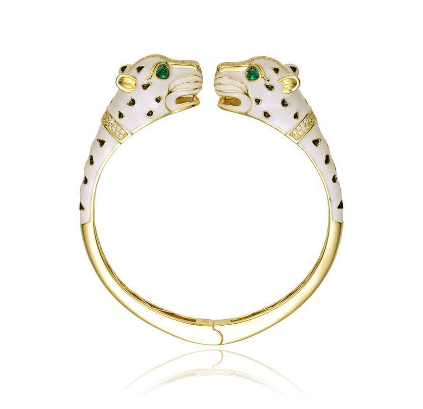Lab Created Sterling Silver 14K Gold Plated and Black Cubic Zirconia Panther Swivel Bangle Bracelet