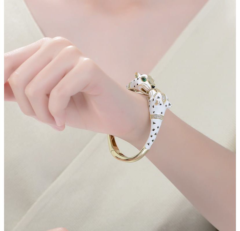 Lab Created Sterling Silver 14K Gold Plated and Black Cubic Zirconia Panther Swivel Bangle Bracelet