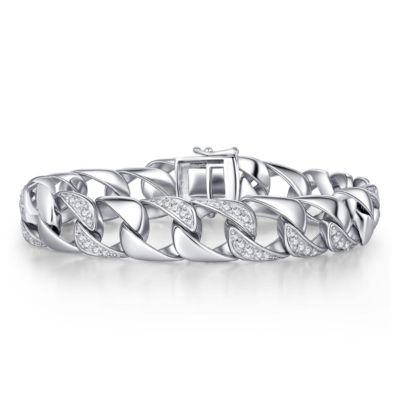 Rozzato Lab Created Men's Sterling Silver White Gold Plated with Iced Out Cubic Zirconia Miami Cuban Chain Bracelet