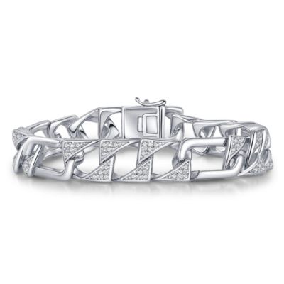 Rozzato Lab Created Men's Sterling Silver White Gold Plated with Iced Out Cubic Zirconia Mixed Cuban Chain Bracelet