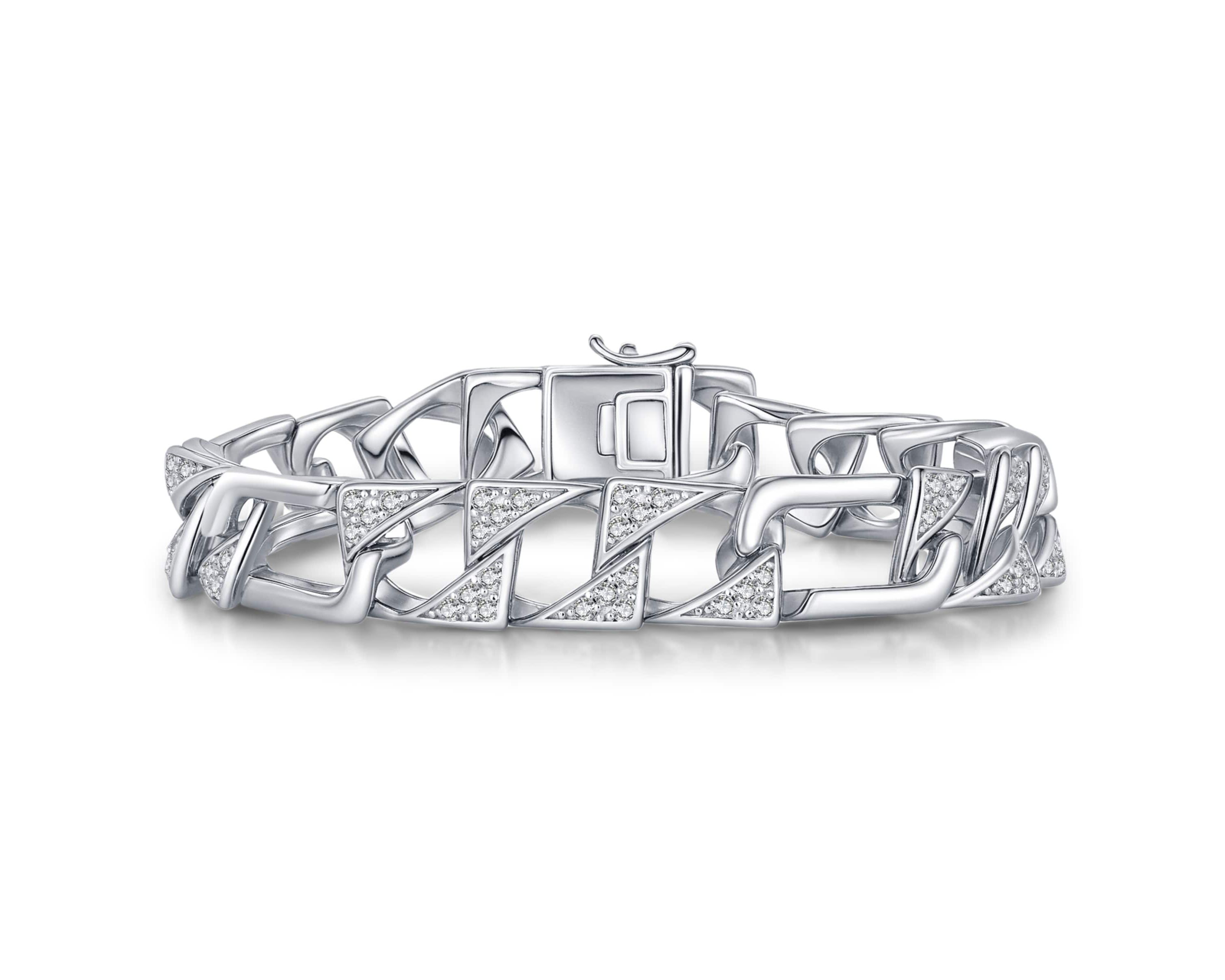 Lab Created Mens Sterling Silver White Gold Plated with Iced Out Cubic Zirconia Mixed Cuban Chain Bracelet