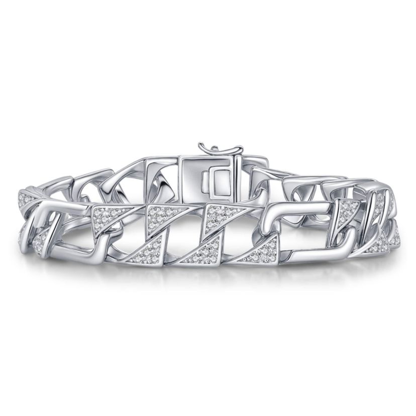 Lab Created Mens Sterling Silver White Gold Plated with Iced Out Cubic Zirconia Mixed Cuban Chain Bracelet
