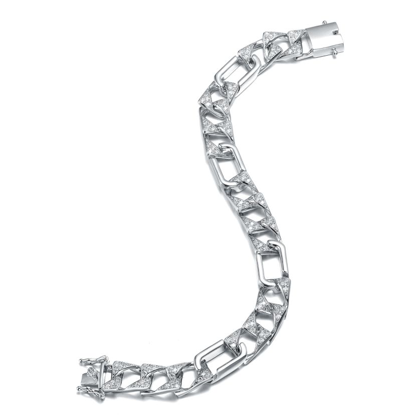 Lab Created Mens Sterling Silver White Gold Plated with Iced Out Cubic Zirconia Mixed Cuban Chain Bracelet