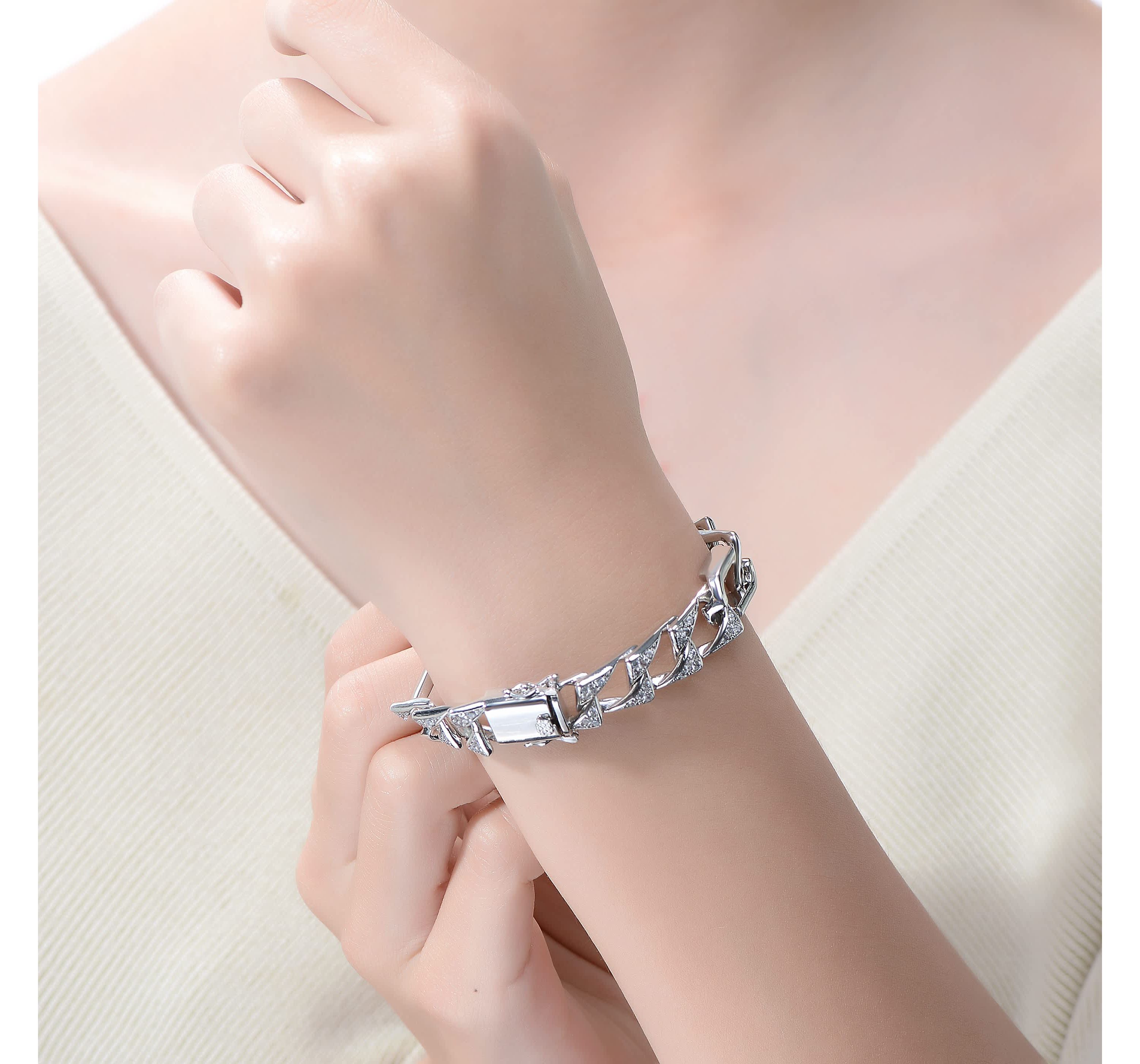 Lab Created Mens Sterling Silver White Gold Plated with Iced Out Cubic Zirconia Mixed Cuban Chain Bracelet