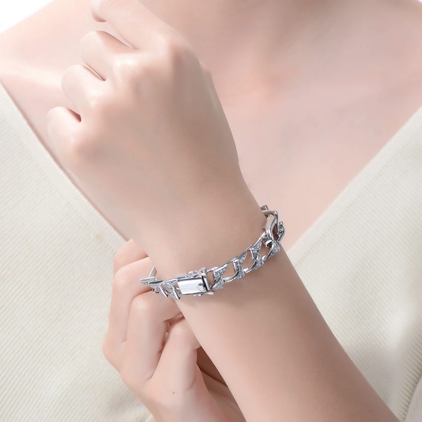 Lab Created Mens Sterling Silver White Gold Plated with Iced Out Cubic Zirconia Mixed Cuban Chain Bracelet