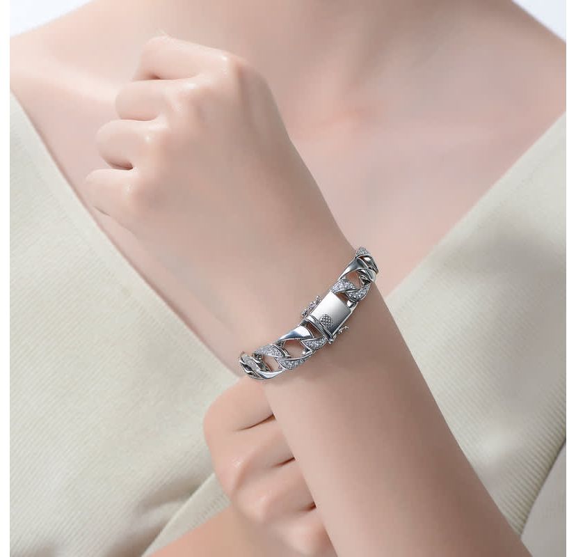 Lab Created Mens Sterling Silver White Gold Plated with Iced Out Cubic Zirconia Mixed Cuban Chain Bracelet
