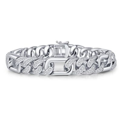 Rozzato Lab Created Men's Sterling Silver White Gold Plated with Iced Out Cubic Zirconia Oblong Curb Chain Bracelet
