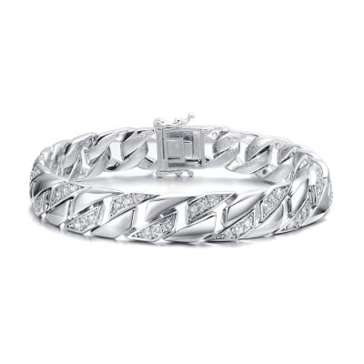 Rozzato Lab Created Men's Sterling Silver White Gold Plated with Iced Out Cubic Zirconia Braided Cuban Chain Bracelet