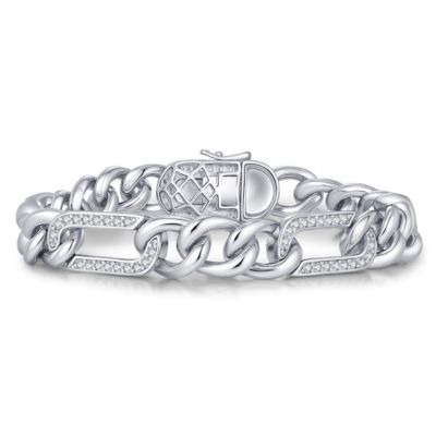 Rozzato Lab Created Men's Sterling Silver White Gold Plated with Iced Out Cubic Zirconia Paper Clip Curb Chain Bracelet