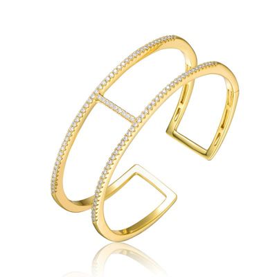 Rozzato Lab Created Sterling Silver 14K Gold Plated Clear Cubic Zirconia 2-Row Cuff Bracelet